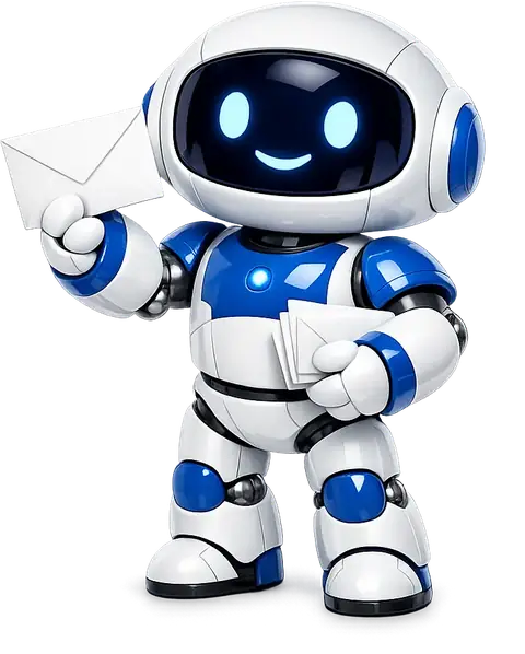 Mailbox MCP, email for AI assistants: the mascot robot holding up a letter with a stack of post under his arm